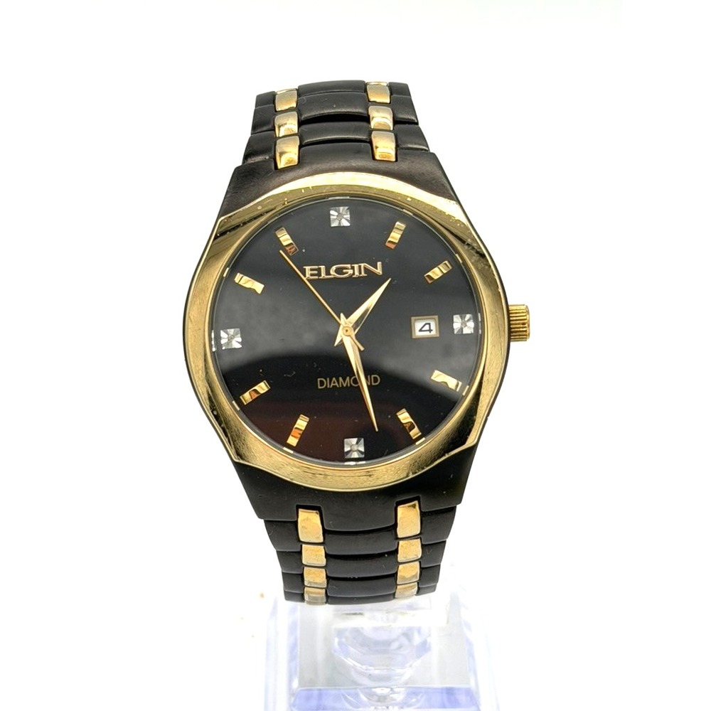 Elgin Men's Diamond Black Gold Tone Quartz Watch Date 40mm 7in Band Works